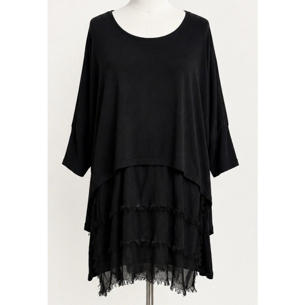Baci Italy Black Jersey Lagenlook Top Layered Tiered Frayed Hem Oversized Sz M